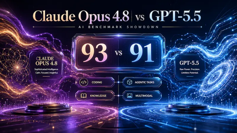 Claude Opus 4.8 vs GPT-5.5 AI benchmark comparison scoring 93 to 91