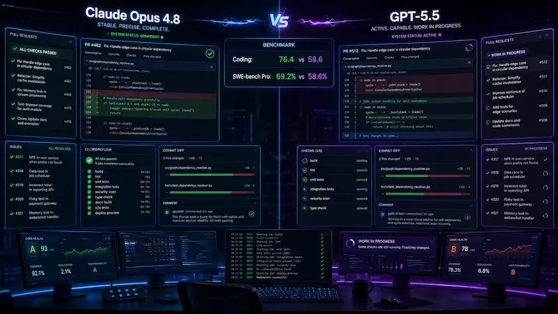 Claude Opus 4.8 vs GPT-5.5 coding benchmark results on SWE-bench Pro
