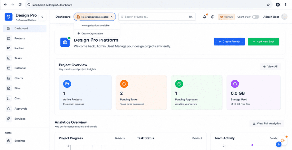 The dashboard — the whole operation summed up in a glance, with project metrics and analytics up front.