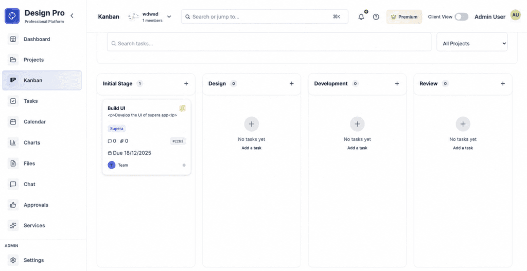 A single project's workspace — tasks, files, chat, drawings and approvals in one place, with client and budget details on the side.