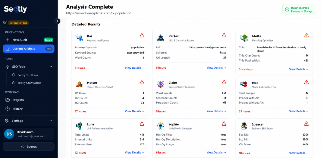 The Seotly dashboard — sixteen specialized AI agents, each reporting on a different SEO signal in one clear view.