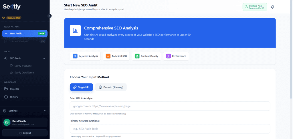 Starting an audit — a clean, guided flow from a single URL to a full analysis in under sixty seconds.