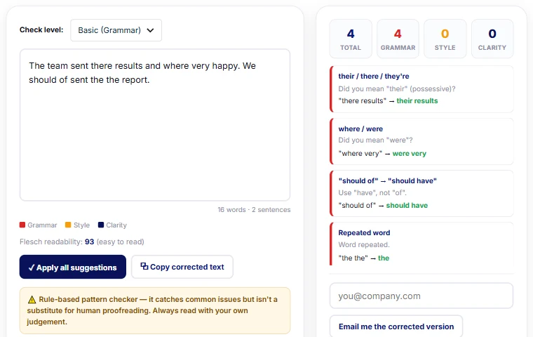 Homophone corrections in the Parix.ai grammar checker