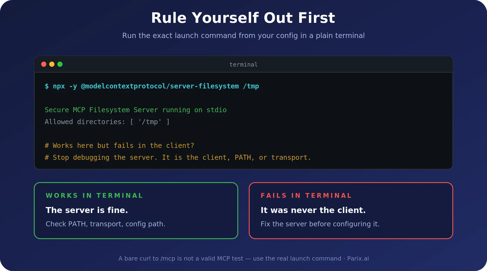 Testing an MCP server by running its launch command directly in a terminal to determine whether the fault is the server or the client